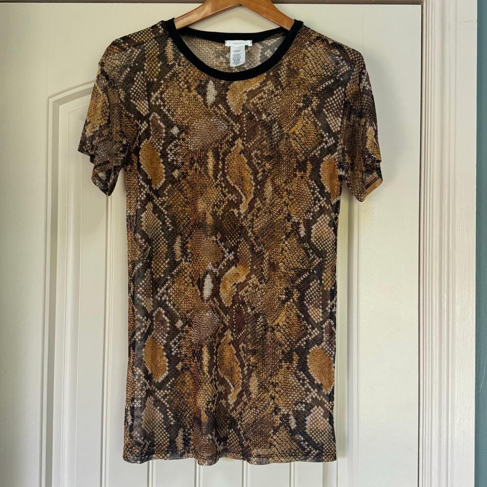 Tiny Willow Boutique Snake Skin Print Gold Black Sheer Tshirt Blouse Size Medium